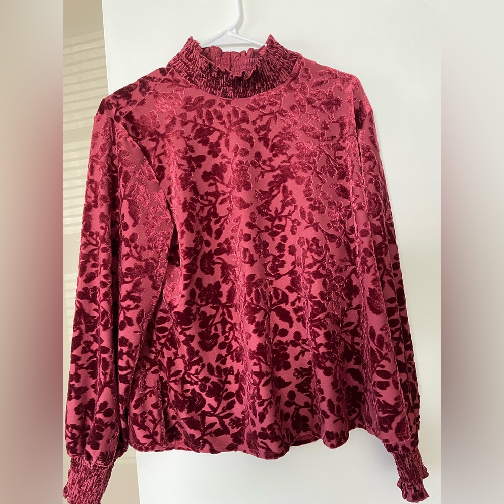 Maurice’s maroon velvet floral mock neck shirt